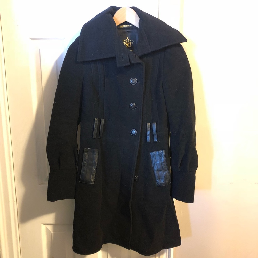 Mackage Black Wool Coat Leather Accents Size XS
